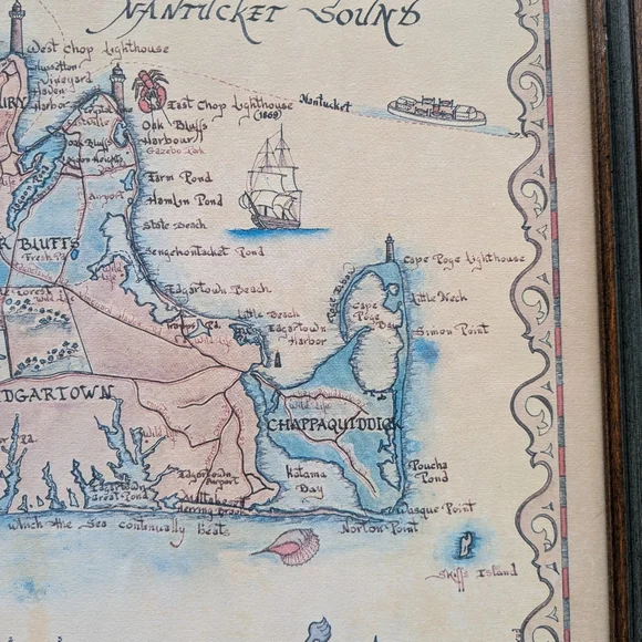 Rare Xandra Fisher Handmade Map Copyright 1979 Martha's Vineyard MA Framed